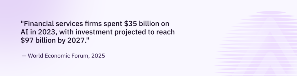 Quote graphic showing financial services firms spending $35 billion on AI with projected growth to $97 billion by 2027